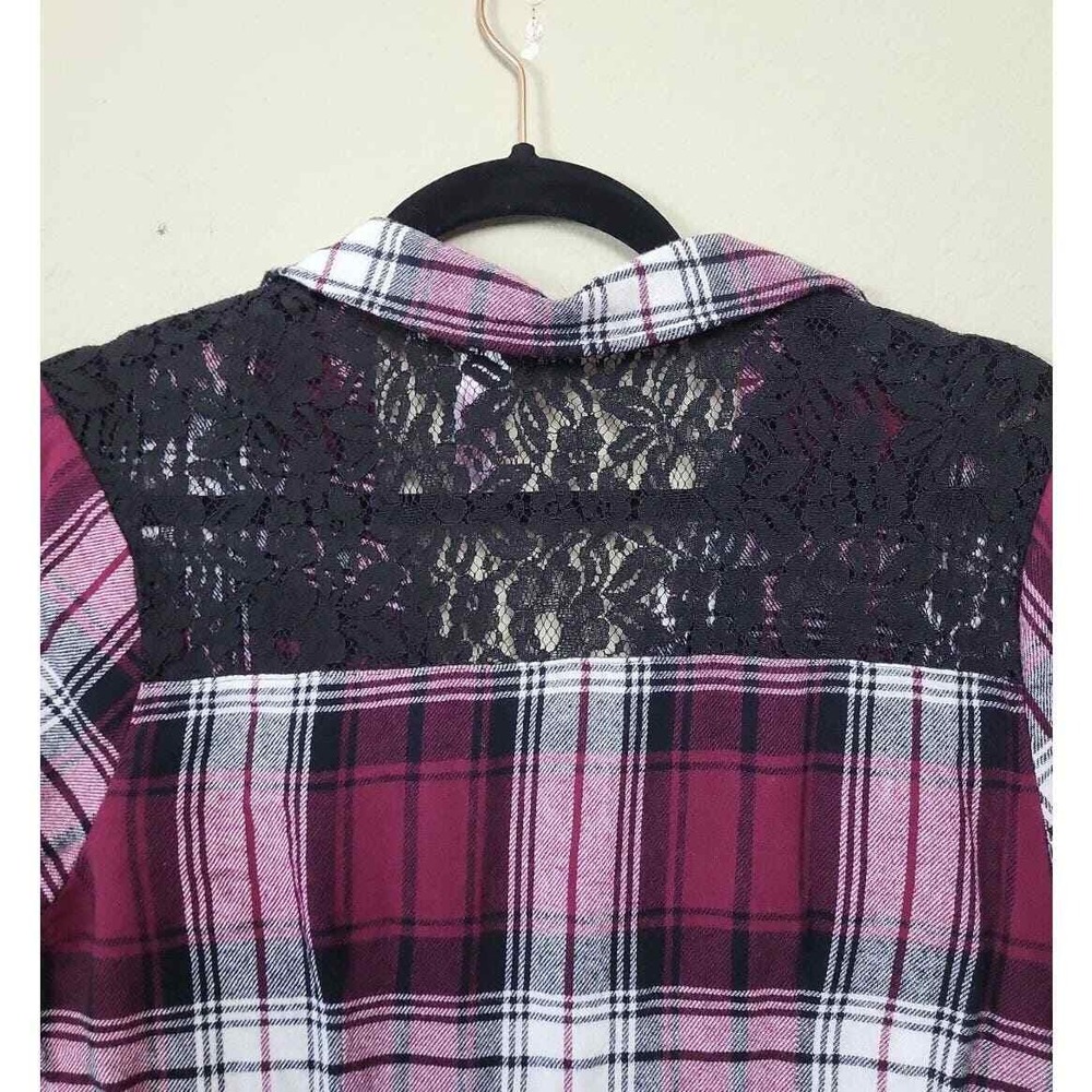 Nobo Women's Size L Button Up Plaid Blouse Berry With Lace Inset Roll Tab Sleeve - Picture 8 of 8